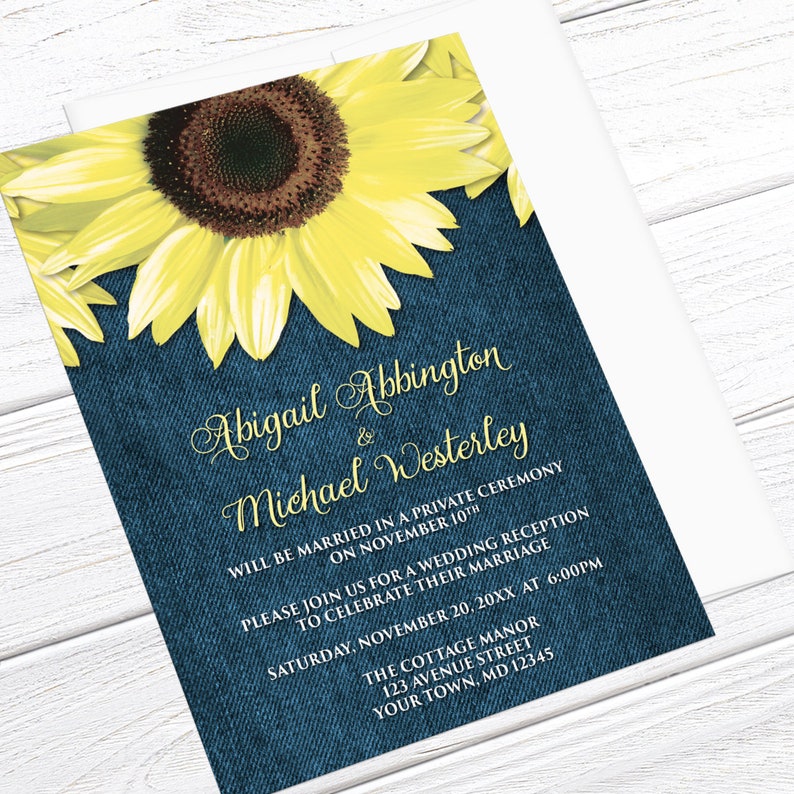 Sunflower Reception Only Invitations, Rustic Denim yellow and blue floral post-wedding reception invites Printed image 2