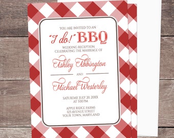 Red Gingham I Do BBQ Reception Only Invitations, red white check pattern, post-wedding reception - Printed