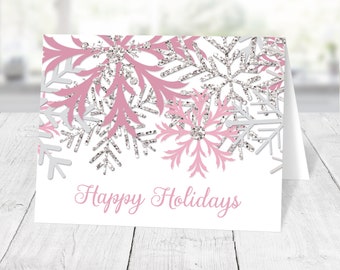 Holiday Cards, Pink Silver Snowflake Winter design - Happy Holidays Christmas cards with greeting - Printed