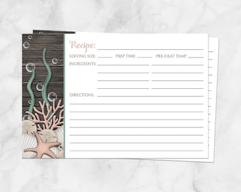 Beach Recipe Cards Rustic, seashells wood design, double-sided - 4x6 Printed Recipe Cards