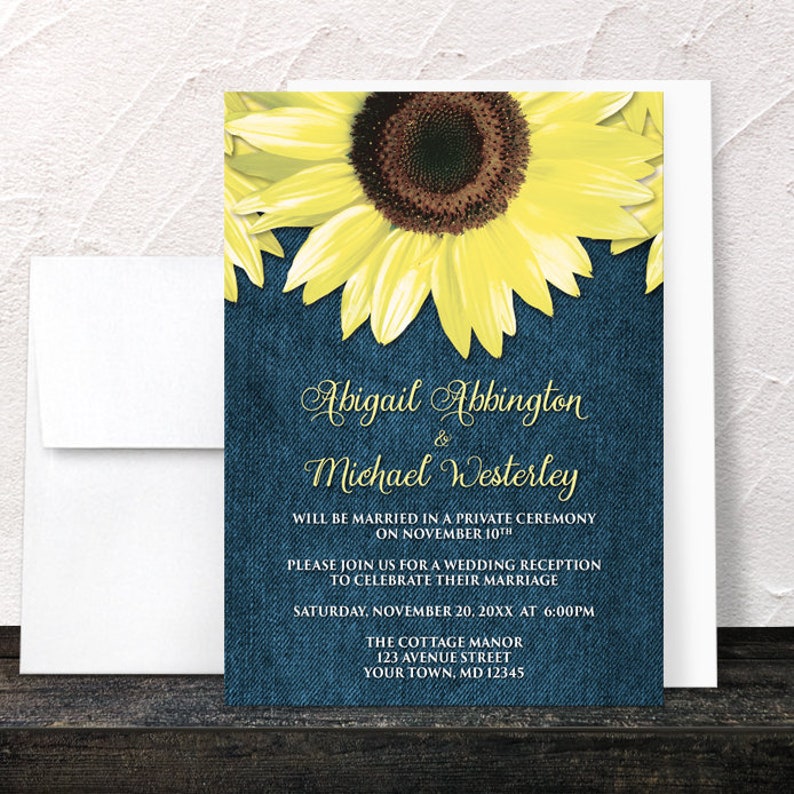 Sunflower Reception Only Invitations, Rustic Denim yellow and blue floral post-wedding reception invites Printed image 5