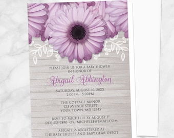 Purple Daisy Baby Shower Invitations, rustic light gray wood with lace - Printed