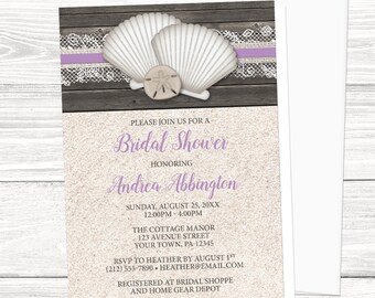 Purple Beach Bridal Shower Invitations - Seashells Purple Lace, Rustic Wood, Sand - Seashell Shower - Printed Seashell Invitations