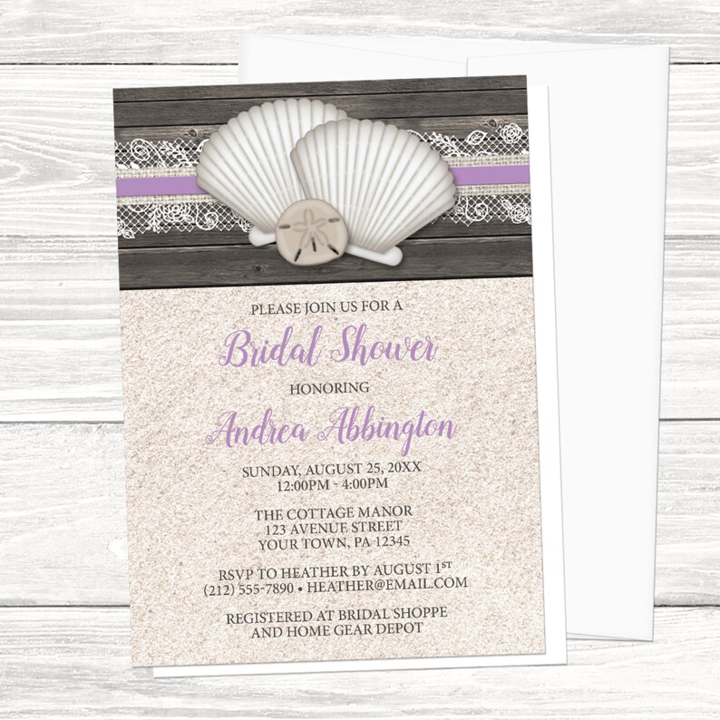 Purple Beach Bridal Shower Invitations Seashells Purple Lace, Rustic Wood, Sand Seashell Shower Printed Seashell Invitations image 1