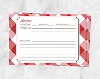 Red Gingham Recipe Cards, red and white country check pattern, double-sided - 4x6 Printed Recipe Cards