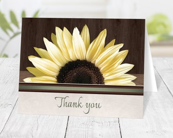 Sunflower Thank You Cards, Country Sunflower Wood Rustic with Green Accents - Printed Sunflower Cards