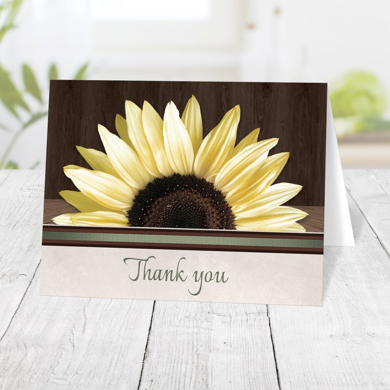 Sunflower Thank You Cards, Country Sunflower Wood Rustic with Green Accents Printed Sunflower Cards image 1