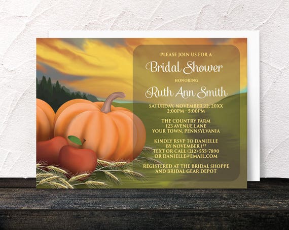 Autumn Harvest Bridal Shower Invitations - Rustic Country Orange Pumpkin and Red Apples with Hay Farm or Fields design - Printed Invitations Il_570xn