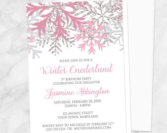 Winter Onederland Invitations, Pink Silver Snowflakes - winter 1st birthday invitations, Printed