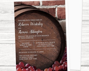 Wine Barrel Vineyard Wedding Invitations - Rustic Country Winery design with Red Grapes and Brick background - Printed Vineyard Invitations