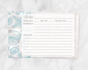 Beach Recipe Cards, Seashell Whitewashed Wood Beach, modern rustic, turquoise seashell, double-sided - 4x6 Printed Recipe Cards
