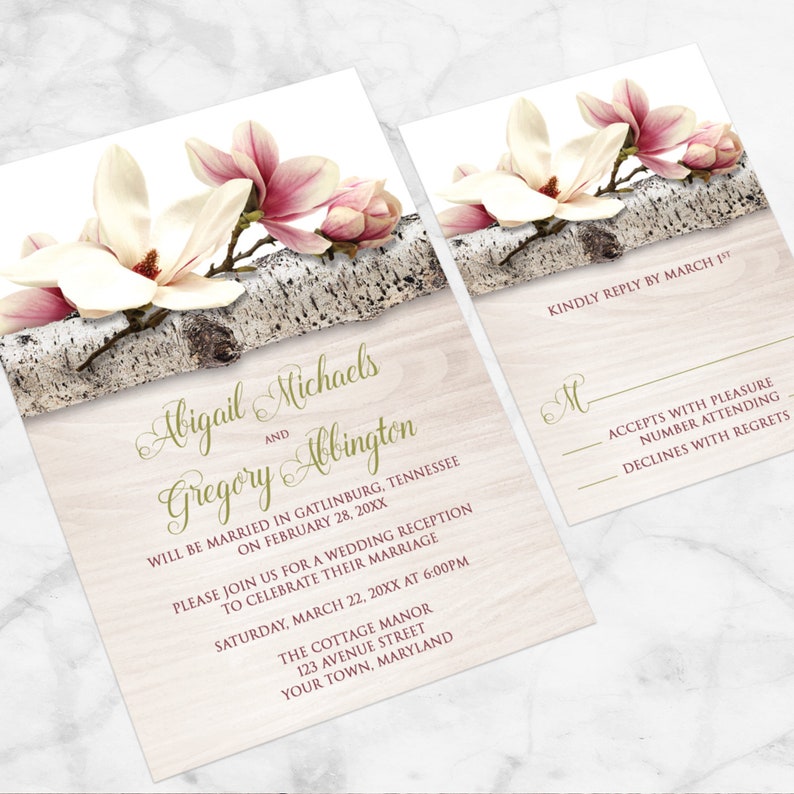 Magnolia Reception Only Invitations, Floral Birch Wood magnolia invitations Printed image 3