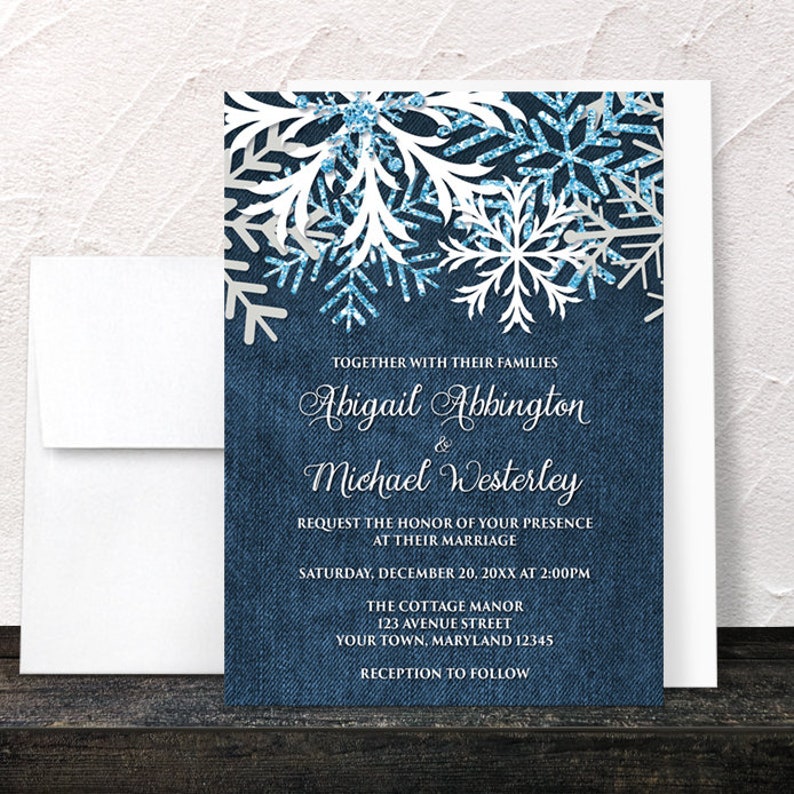 Winter Wedding Invitations, Rustic Snowflake Denim white snowflakes over blue Printed image 4