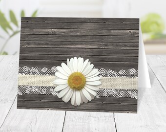 Daisy Note Cards, Burlap Lace Rustic Wood, floral daisy thank you cards, stationery - Printed