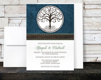 Tree of Life Wedding Invitations - Rustic Tree of Life over Blue Denim with Green - Printed Invitations