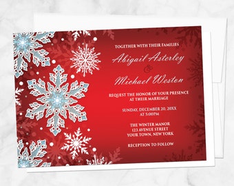 Winter Wedding Invitations - Snowflake Royal Red White and Blue design - Printed Invitations