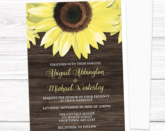 Sunflower Wood Wedding Invitations, Rustic Yellow Floral Brown - Printed Invitations