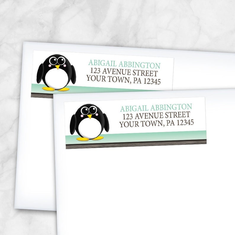 Penguin Address Labels Mint Green With Brown Cute Penguin - Etsy