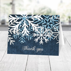 Rustic Winter Denim Thank You Cards, Navy Denim Blue White Snowflakes Printed image 1