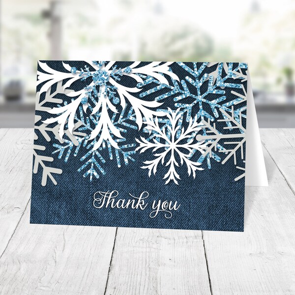 Rustic Winter Denim Thank You Cards, Navy Denim Blue White Snowflakes - Printed
