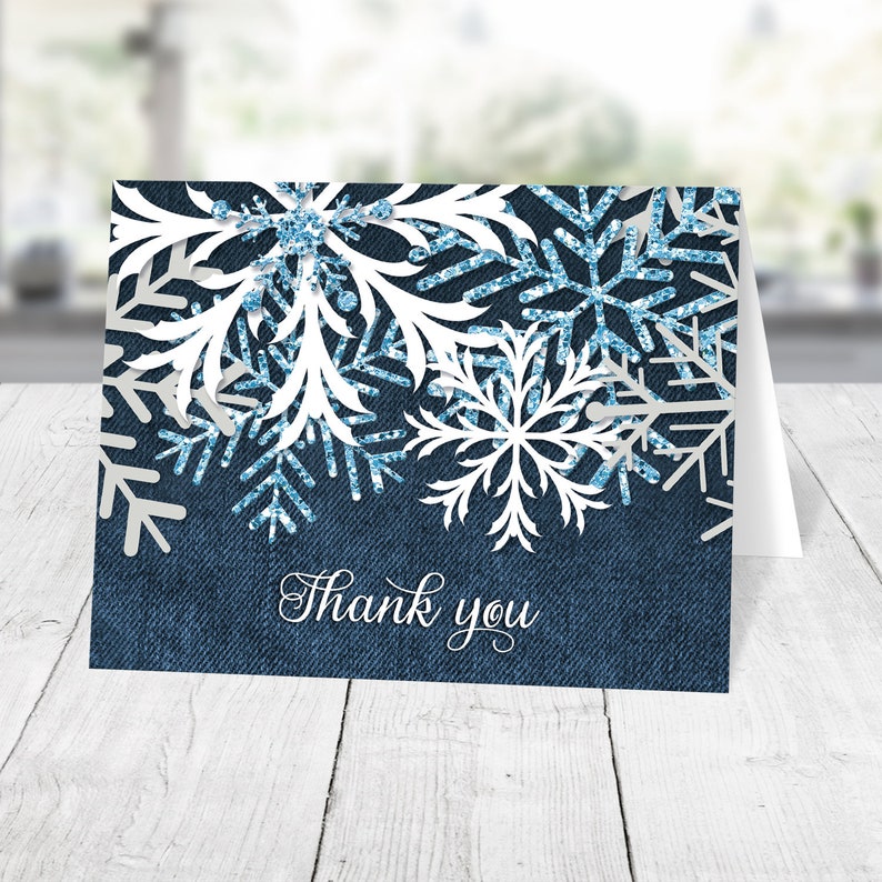 Rustic Winter Denim Thank You Cards, Navy Denim Blue White Snowflakes Printed image 1