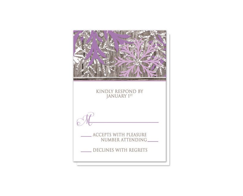 Rustic Winter Wedding Invitations Purple Snowflake design over Country Wood Printed Invitations image 3