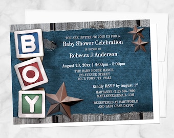 Denim Boy Baby Shower Invitations, Rustic Stars Toy Blocks Blue Denim Wood, country shower invites - Printed