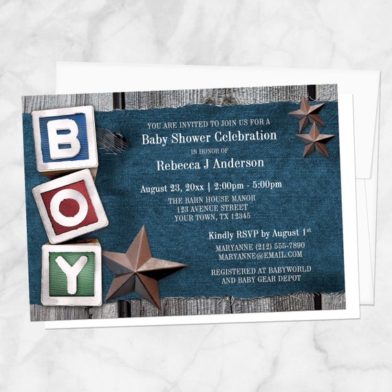 Denim Baby Shower Invitations Boy Rustic Stars on Blue Denim over