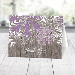 Rustic Winter Thank You Cards, country rustic winter wood purple snowflake Printed image 1