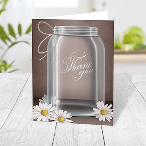 Daisy Mason Jar Thank You Cards, Vintage Country Rustic Brown Printed image 1