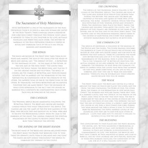May include: A black and white printable guide to the Orthodox Christian wedding ceremony. The guide includes information about the rings, candles, joining of the right hands, crowning, common cup, walk, and blessing.