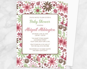 Summer Baby Shower Invitations, green berry pink brown flowers, floral invites - Printed