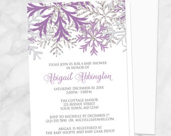 Winter Baby Shower Invitations, purple silver snowflake design - Printed invites with envelopes