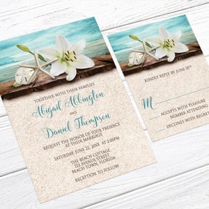 Beach Wedding Invitations, Lily Seashells Sand Teal destination summer tropical wedding invites Printed zdjęcie 3