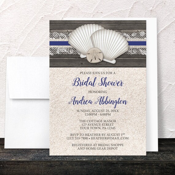 Beach Bridal Shower Invitations - Seashells and Navy Blue and White Lace design on Rustic Brown Wood and Sand - Printed Seashell Invitations Il_570xn