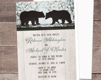 Rustic Bear Wedding Invitations - Country Outdoorsy or Woodsy theme for Summer or Spring Weddings - Printed Invites with Envelopes