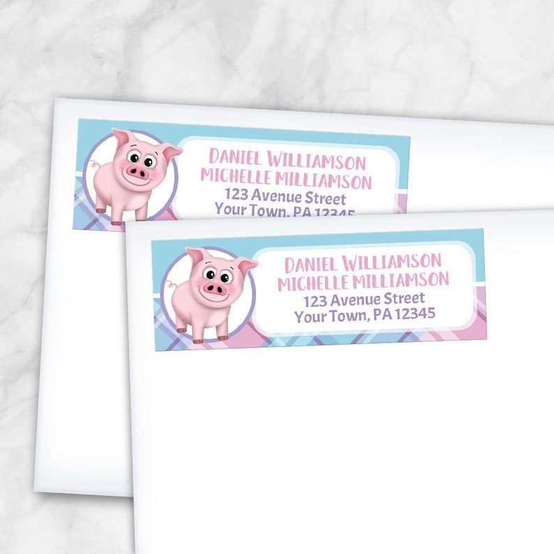 Happy Pig Address Labels, Pink Blue Purple Plaid Pattern Printed Return Address Labels image 1