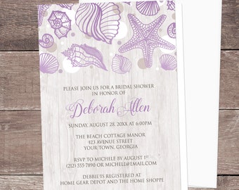 Purple Beach Bridal Shower Invitations - Seashell Whitewashed Wood Beach Shower Invites, Modern Rustic Beach Seashells - Printed Invitations