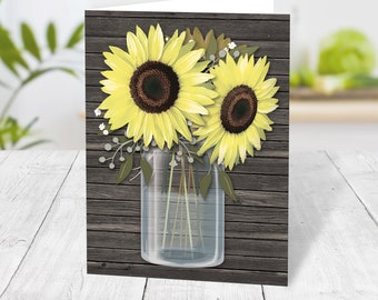 Rustic Sunflower Wood Mason Jar Note Cards, country sunflower wood mason jar, folded - Printed