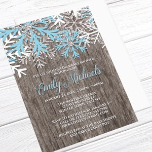 Winter Baby Shower Invitations Boy Country Rustic Winter Wood Blue and White Snowflake design Printed Invitations image 2