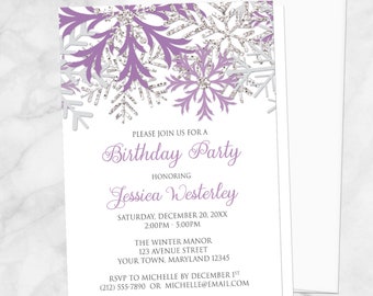 Winter Birthday Party Invitations, Purple Silver Snowflake - Printed