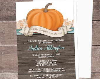 Little Pumpkin Baby Shower Invitations, Rustic Orange with Teal - A little pumpkin is on the way, Fall Baby Shower invites, Printed