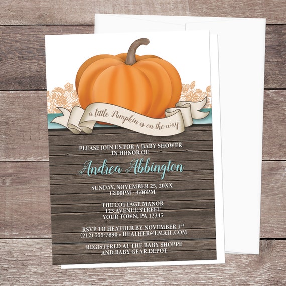 Little Pumpkin Baby Shower Invitations, Rustic Orange with Teal - A little pumpkin is on the way, Fall Baby Shower invites, Printed Il_570xn