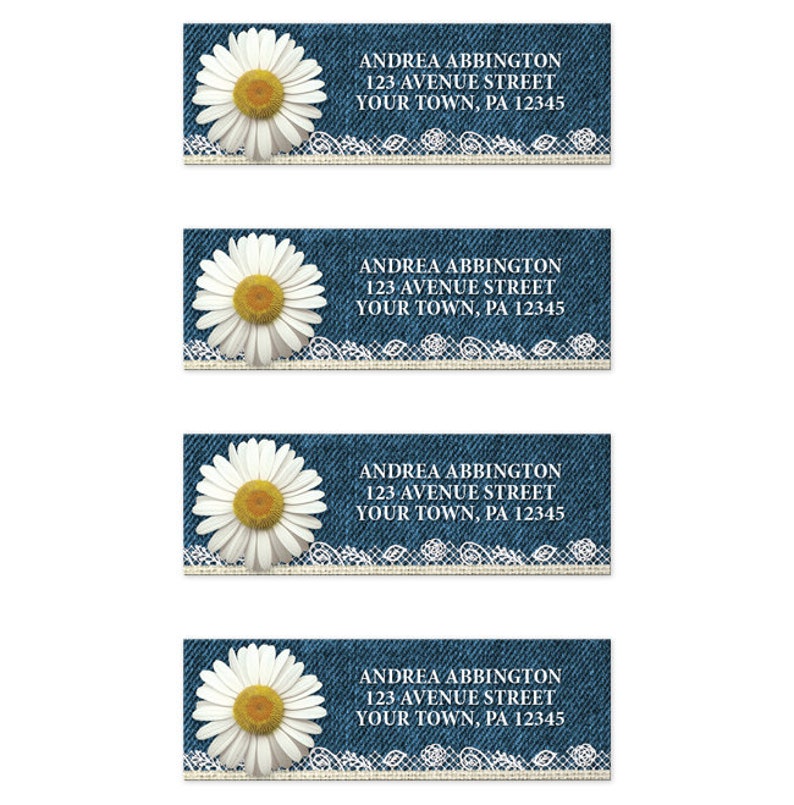 Yellow White and Beige with Rustic Blue Denim Burlap and Lace Daisy Address Labels Printed Address Labels