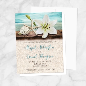 Beach Save the Date Cards: Lily, Starfish, Sand Dollar - Tropical Wedding