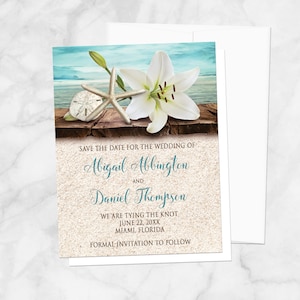 Beach Save the Date Cards, Lily Seashells Sand Teal destination summer tropical save the date Printed image 1