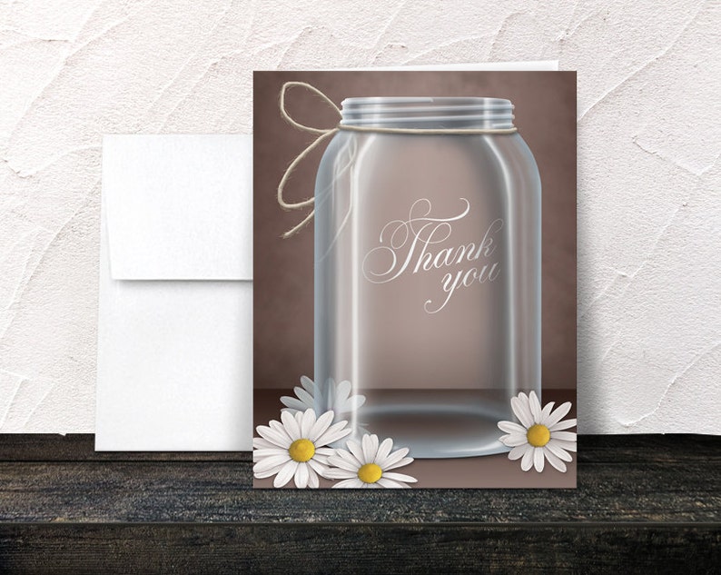 Daisy Mason Jar Thank You Cards, Vintage Country Rustic Brown Printed image 2