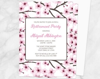 Cherry Blossom Retirement Party Invitations, pretty pink sakura branches floral pattern, retirement invites - Printed