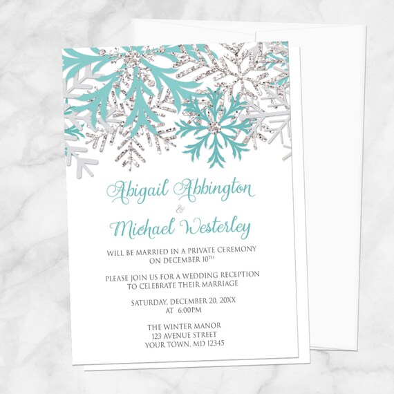 Teal Winter Reception Only Invitations Snowflake Teal White Etsy