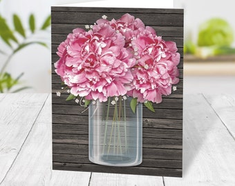 Rustic Pink Peony Note Cards, country floral peony with baby's breath mason jar wood, folded - Printed Cards